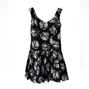 Vintage 80s Laura Ashley Black And White Floral Dress Drop Waist Pleated Size 12